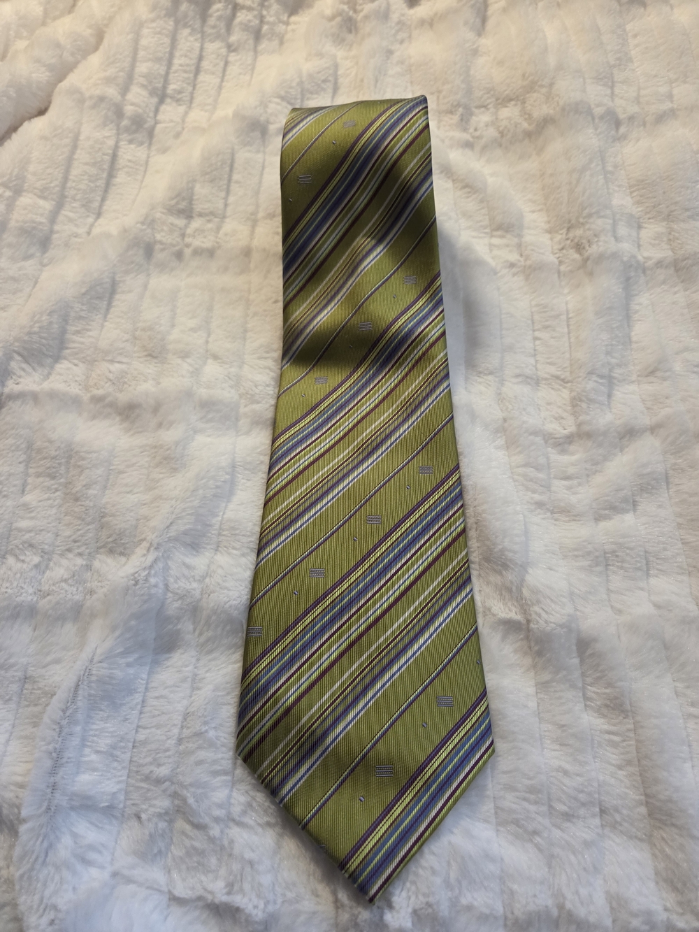 100% Silk Lord & Taylor Green Stripe Tie with Purple and Blue Accents